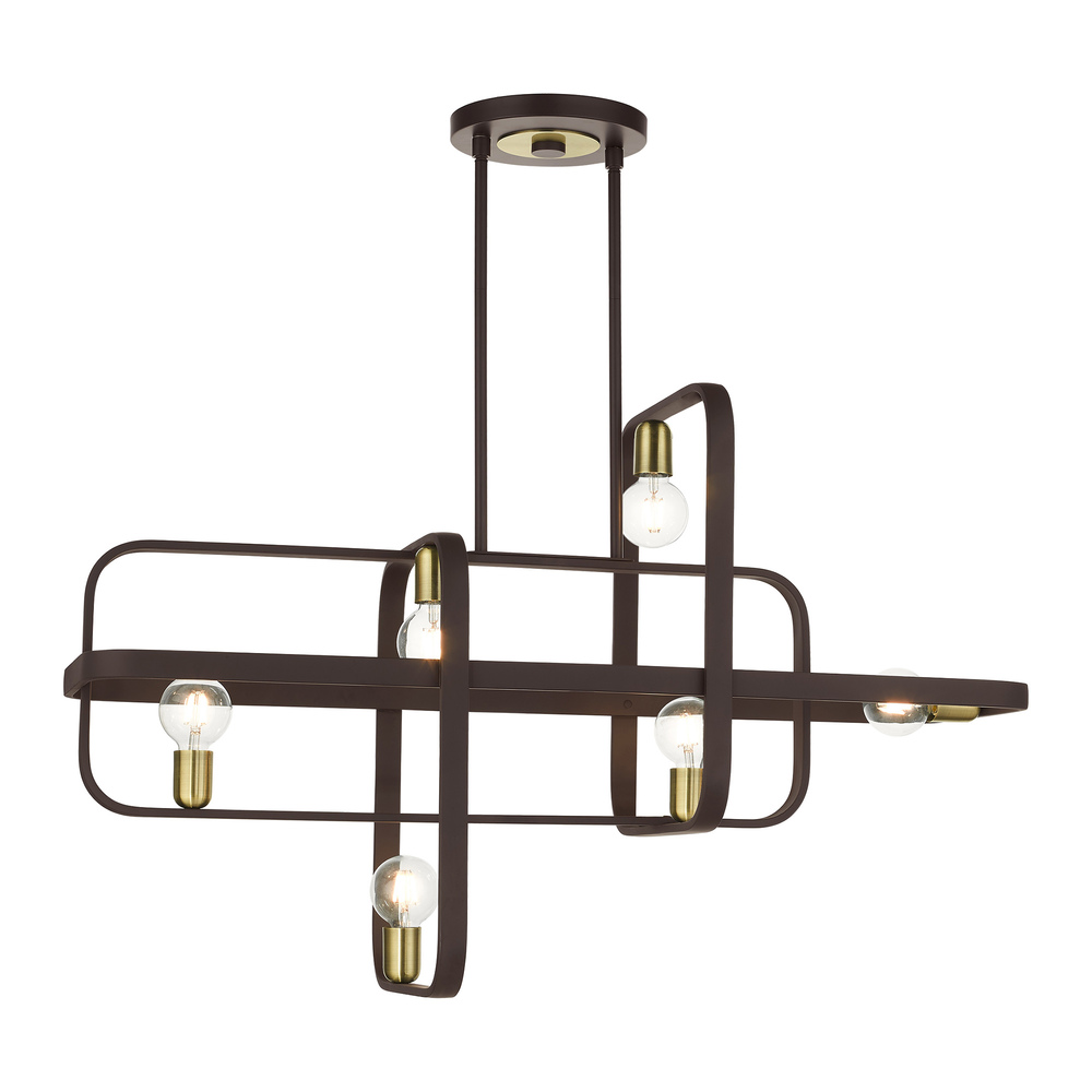 6 Lt Bronze with Antique Brass Accents Linear Chandelier