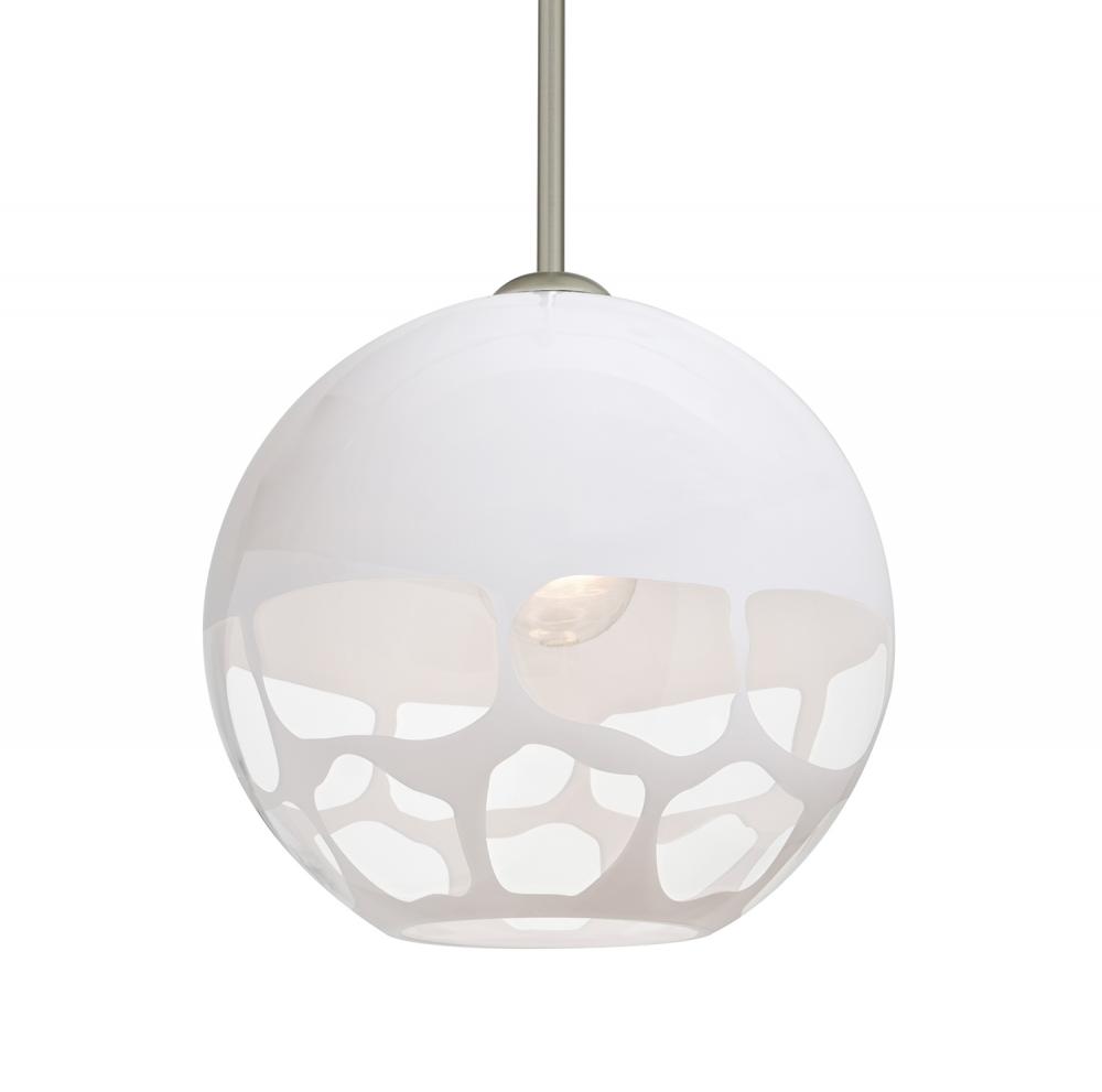 Besa, Rocky Stem Pendant, White, Satin Nickel Finish, 1x60W Medium Base, 15Ft. Cord