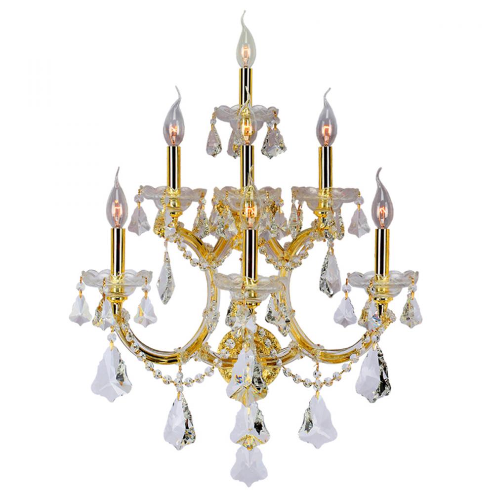 Maria Theresa 7-Light Gold Finish and Clear Crystal Candle Wall Sconce Light 22 in. W x 29.5 in. H E
