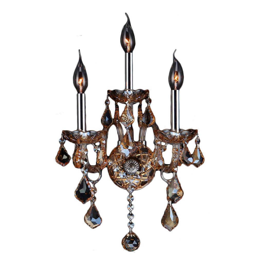 Provence 3-Light Chrome Finish and Amber Crystal Candle Wall Sconce Light 13 in. W x 18 in. H Medium