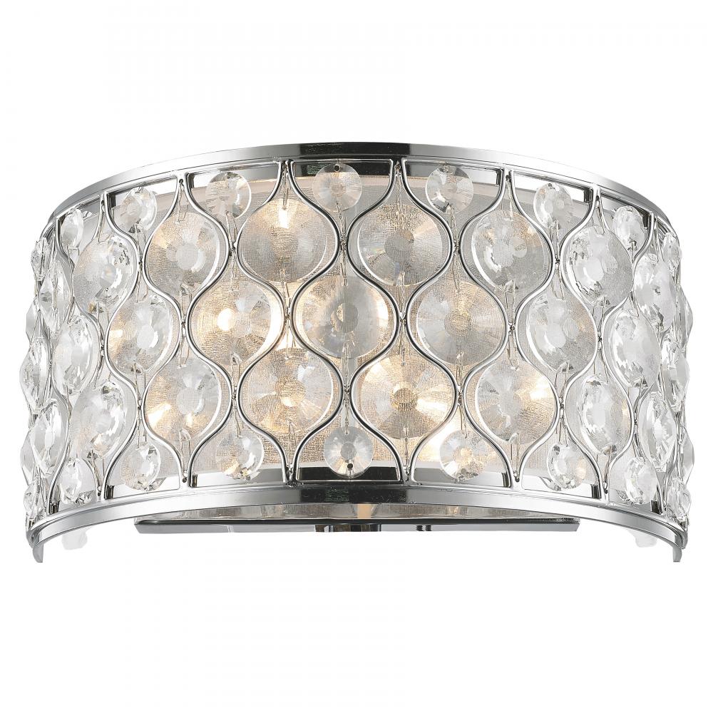 Paris 2-Light Chrome Finish with Clear Crystal Wall Sconce Light 12 in. W x 6 in. H Medium