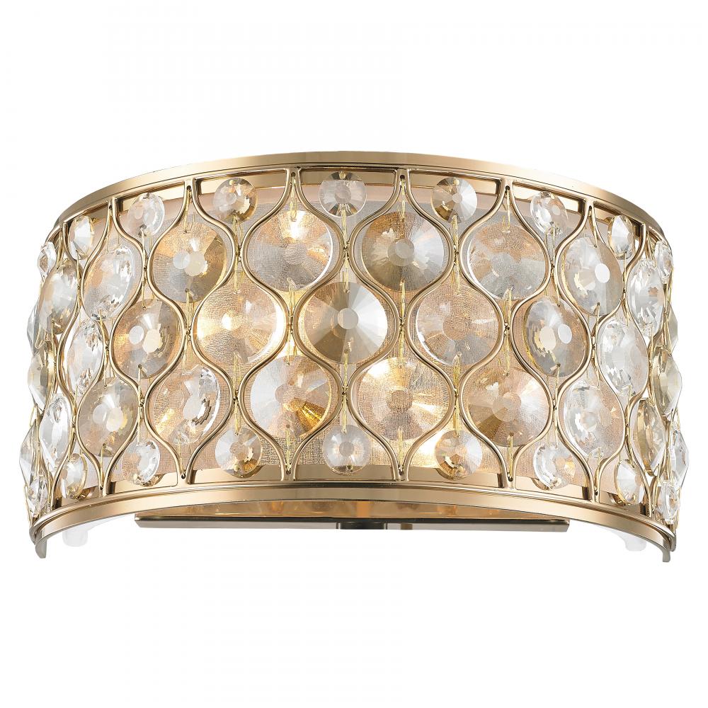 Paris 2-Light Champagne Gold Finish with Clear and Golden Teak Crystal Wall Sconce Light 12 in. W x 