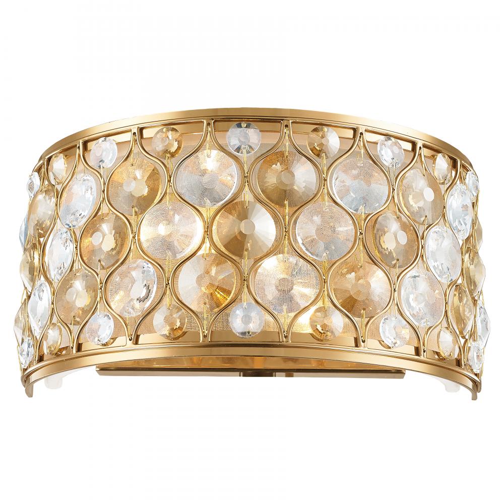 Paris 2-Light Matte Gold Finish with Clear and Golden Teak Crystal Wall Sconce Light 12 in. W x 6 in