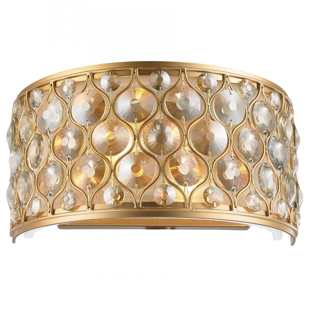 Paris 2-Light Matte Gold Finish with Golden Teak Crystal Wall Sconce Light 12 in. W x 6 in. H Medium