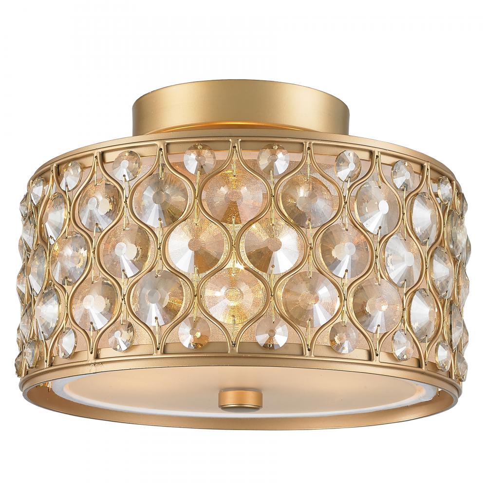 Paris 3-Light Matte Gold Finish with Golden Teak Crystal Flush Mount Ceiling Light 12 in. Dia x 6 in