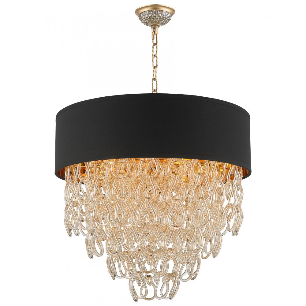 Halo Collection 9 Light Matte Gold Finish and Golden Teak Crystal with Black Drum Shade Pendant D24&
