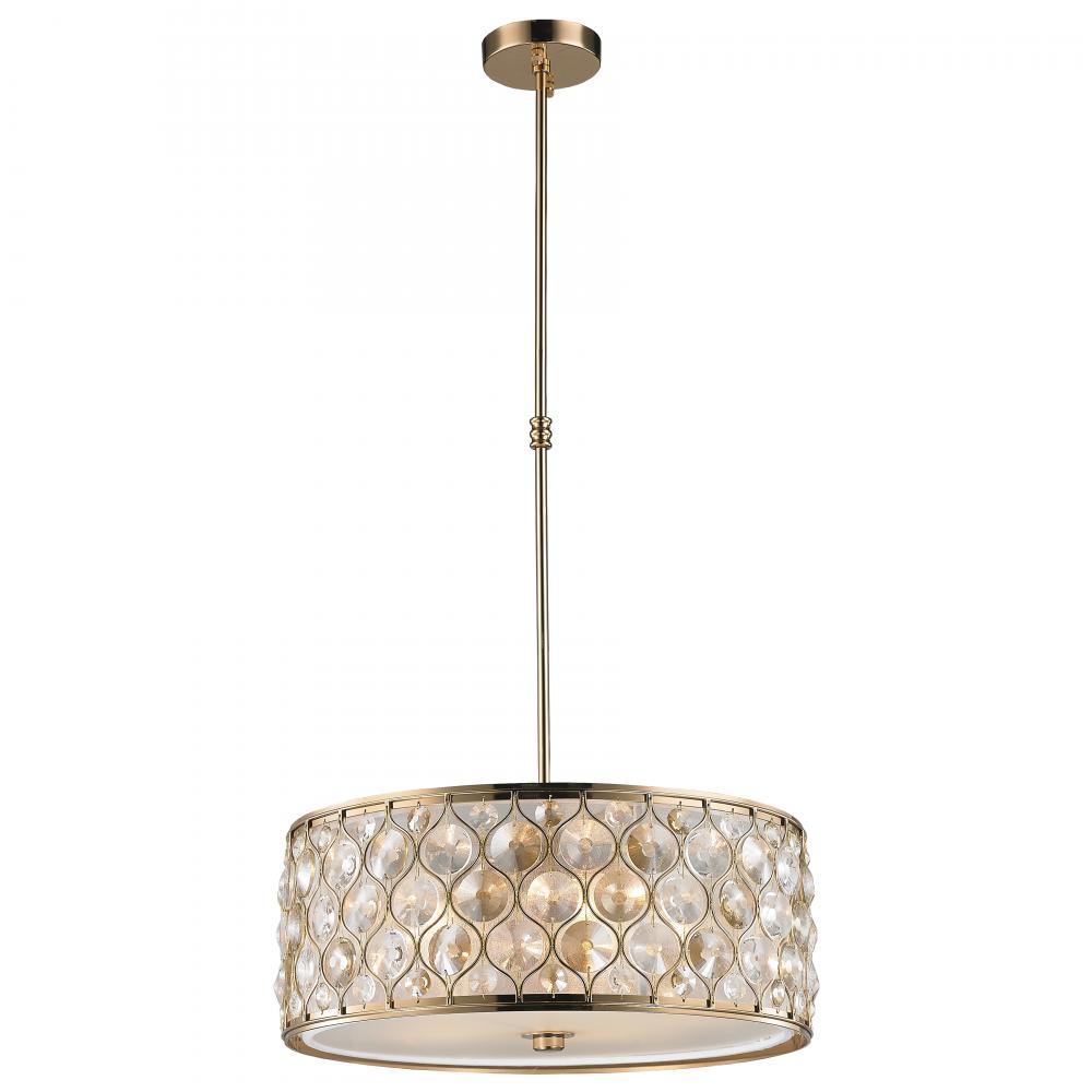 Paris 5-Light Champagne Gold Finish with Clear and Golden Teak Crystal Pendant Light 20 in. Dia x 8 