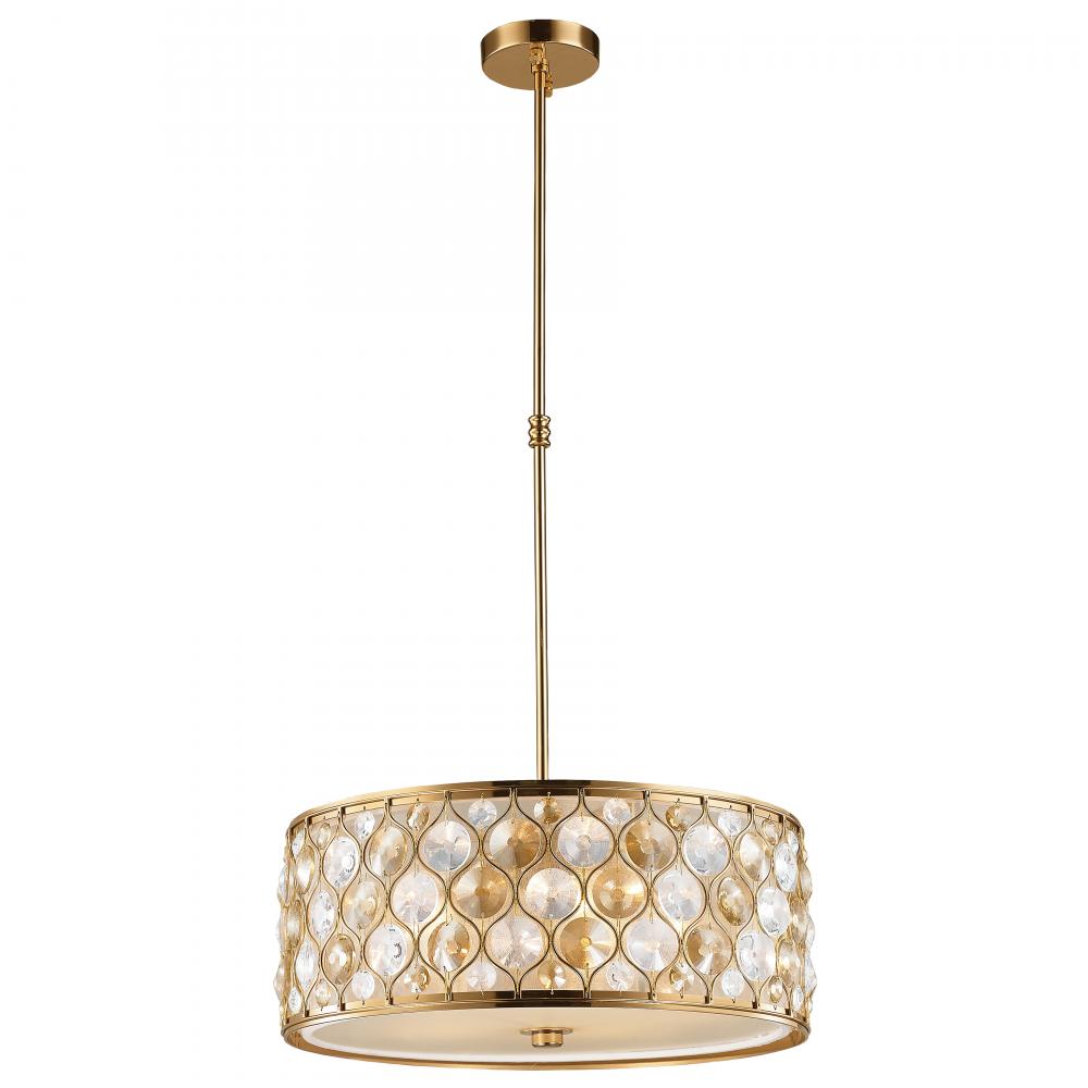 Paris 5-Light Matte Gold Finish with Clear and Golden Teak Crystal Pendant Light 20 in. Dia x 8 in. 