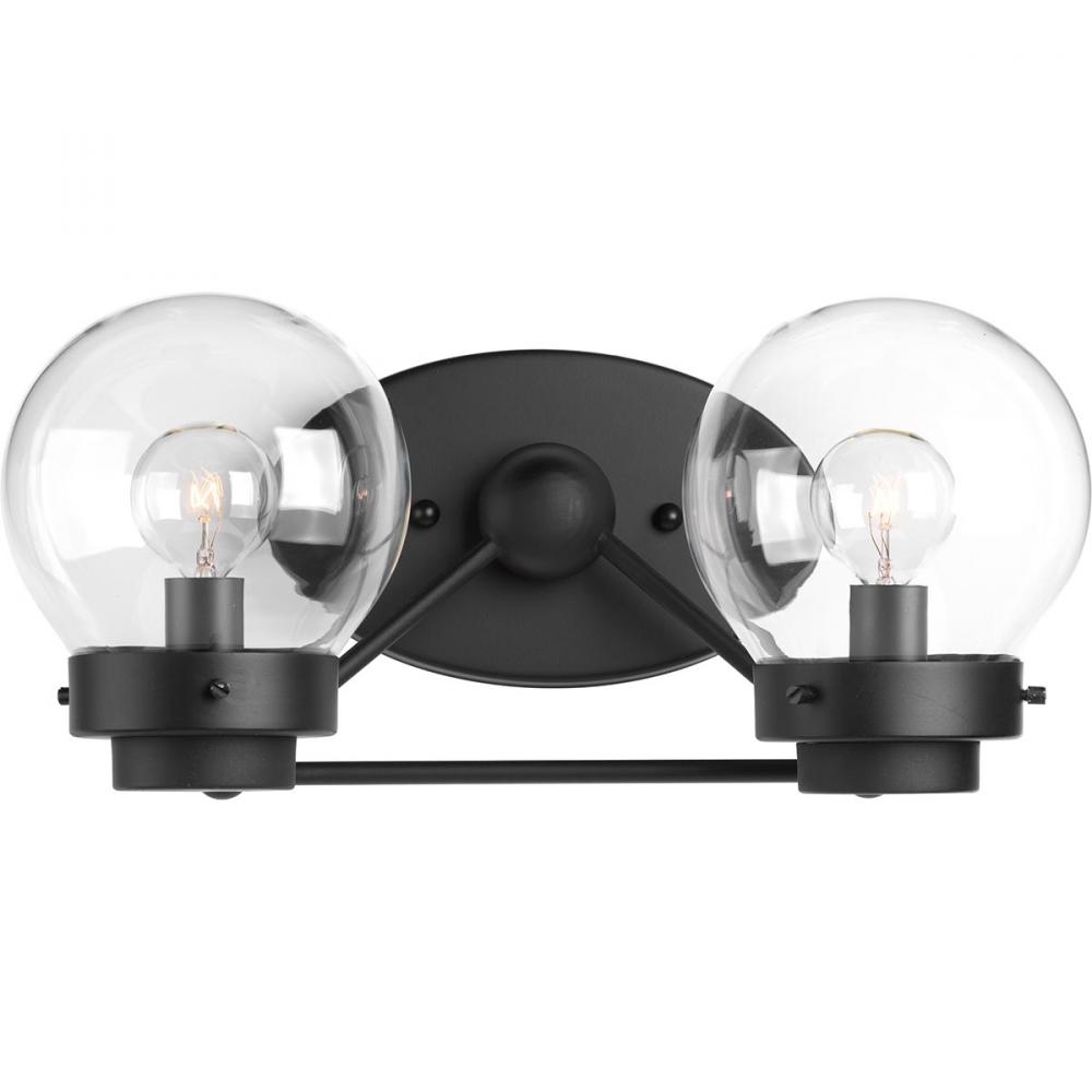 Spatial Collection Two-Light Matte Black Clear Glass Global Bath Vanity Light