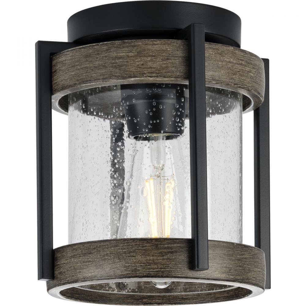 Whitmire Collection  One-Light Matte Black with Aged Oak Accents Clear Seeded Glass Farmhouse Outdoo