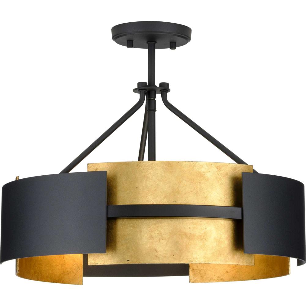 Lowery Collection Three-Light Textured Black/Distressed Gold Convertible Semi-Flush Ceiling or Hangi