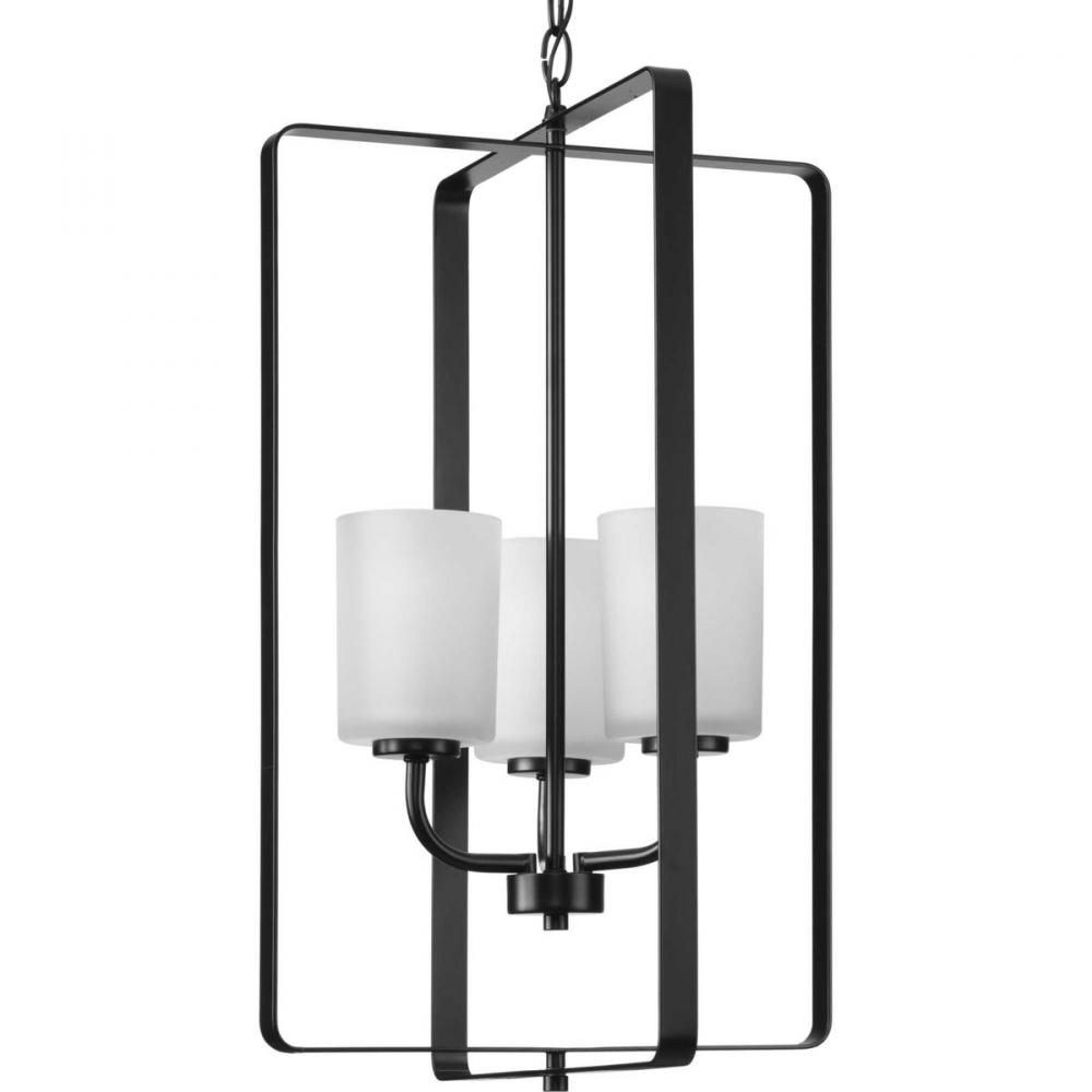 League Collection Three-Light Matte Black and Etched Glass Modern Farmhouse Foyer Chandelier Light
