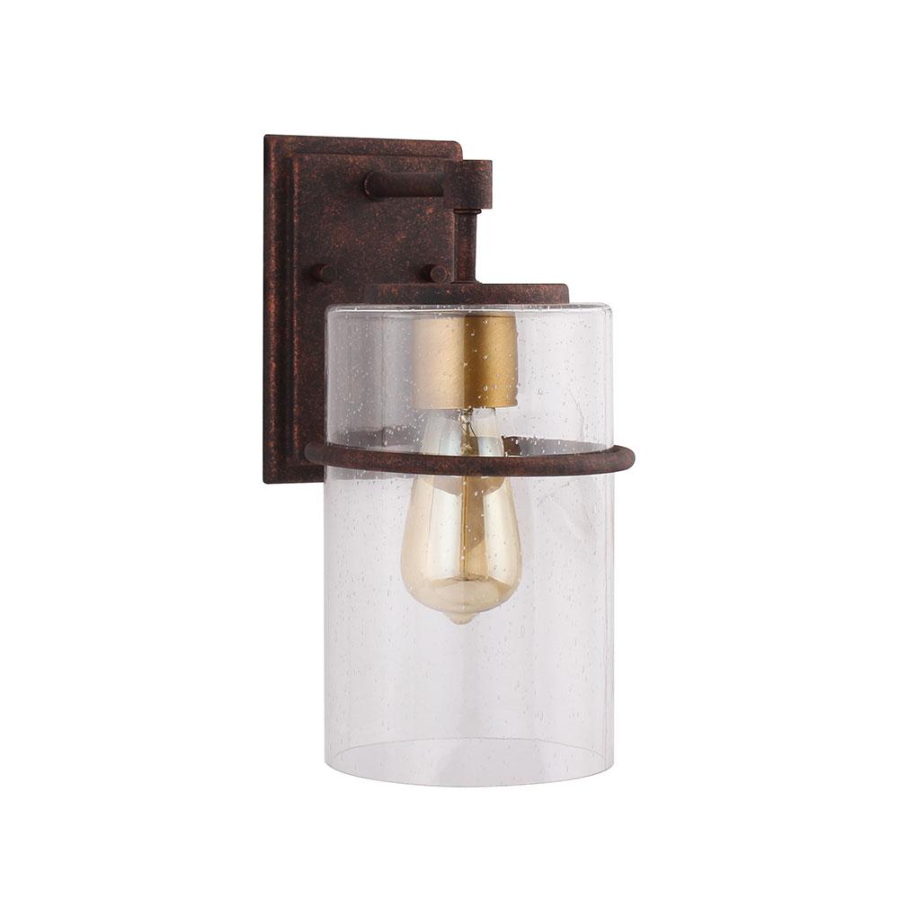 1x60W Outdoor waill light with a rust color finish with gold accent and clear seedy g