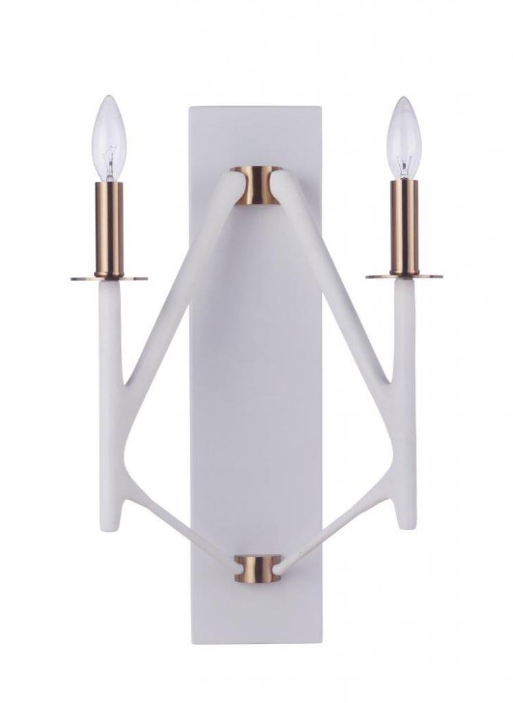 The Reserve 2 Light Wall Sconce in Matte White/Satin Brass