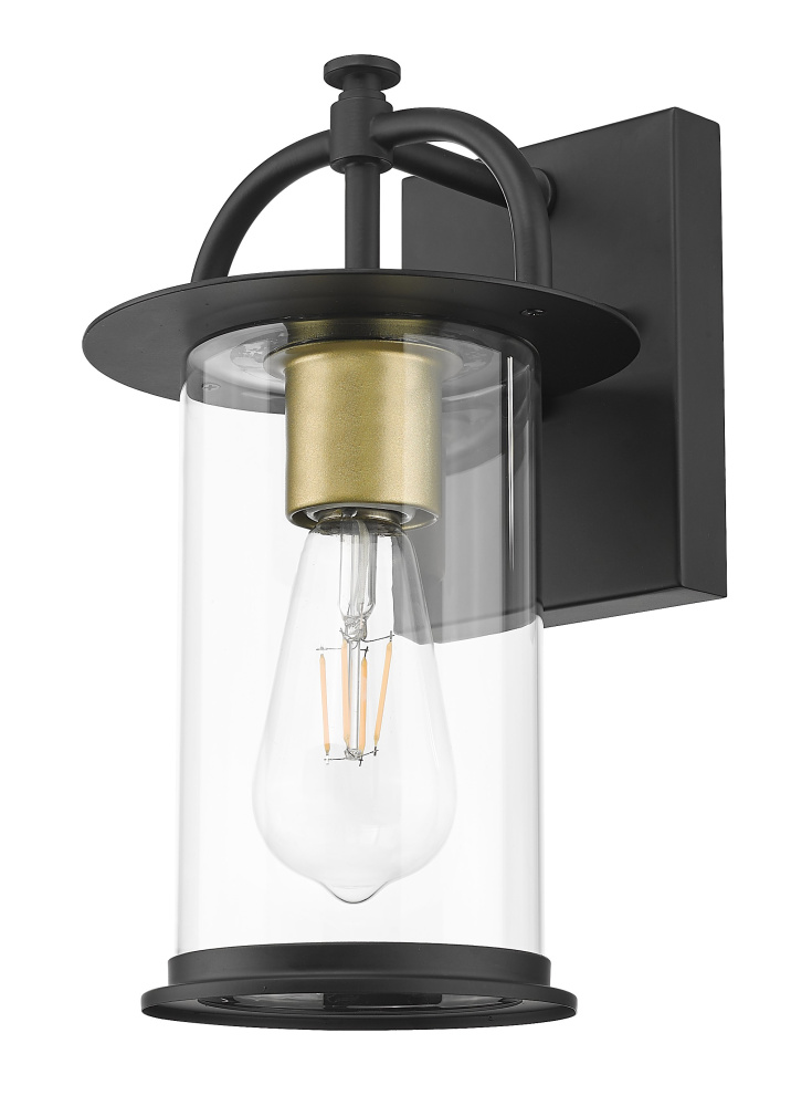 16.5 in. 1-Light Matte Brass And Black Outdoor Wall Lantern With Clear Cylinder Glass