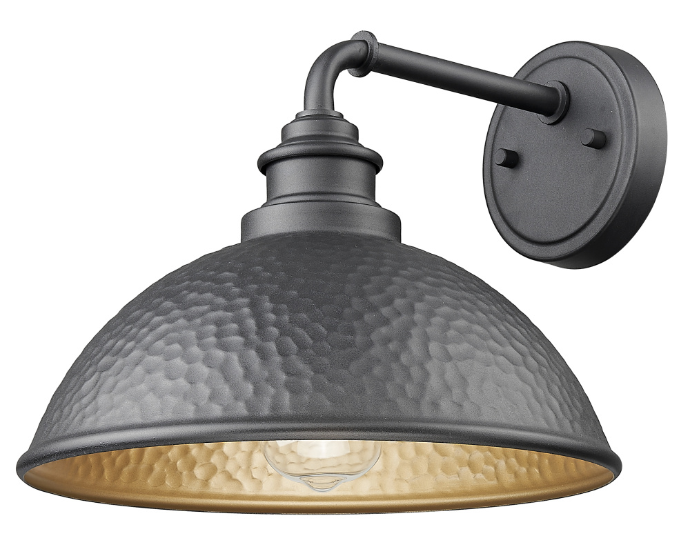 10.5 in. 1-Light Hammered Black With Matte Gold Interior Outdoor Wall Lantern