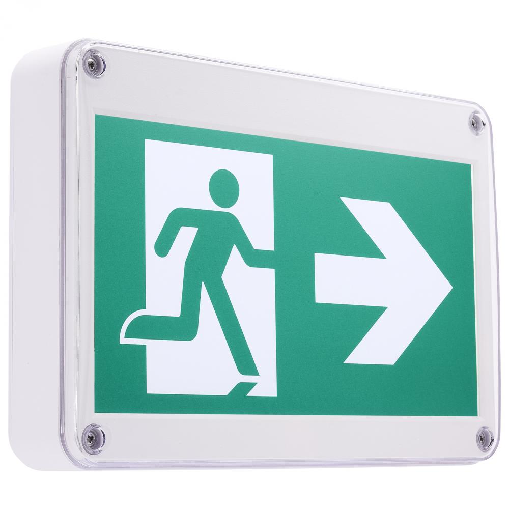Running Man Green Exit Sign; 120/347V; 2HR backup; Single/Dual Face; Universal Mounting; Wet