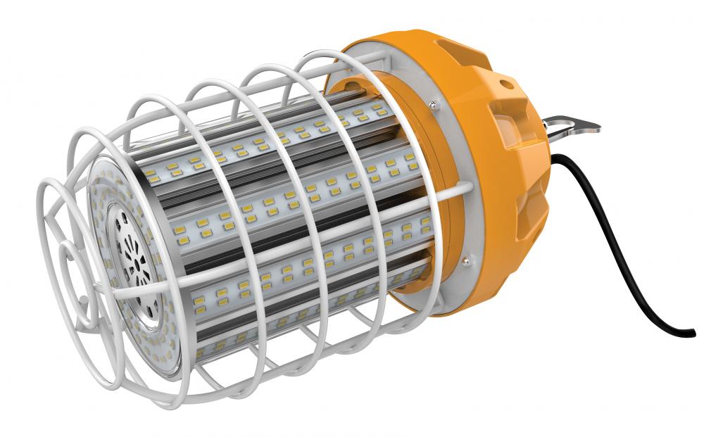 60 Watt LED Hi-lumen temporary hi-bay caged lamp; 5000K; Integrated cord / plug and hook; 120 Volt