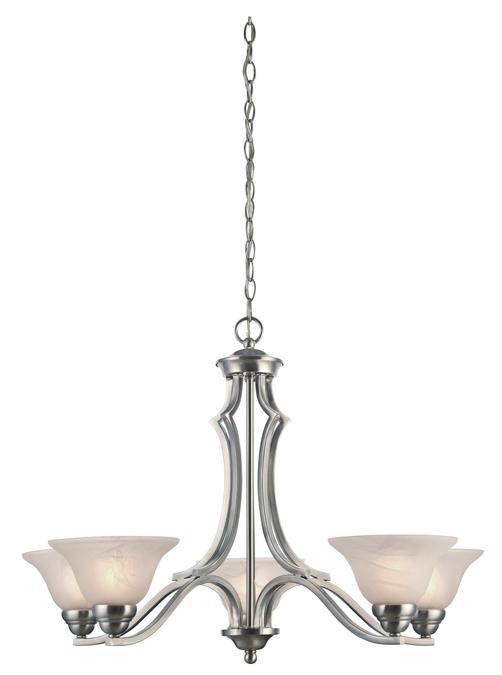 5 Light Chandelier Satin Platinum Finish White Alabaster Glass