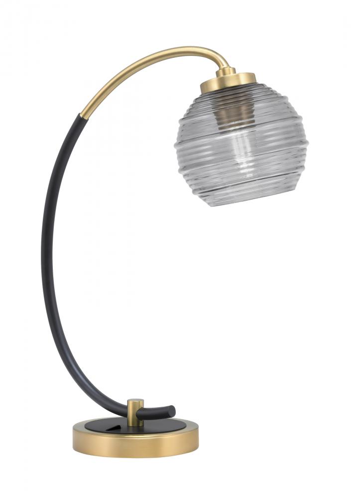 Desk Lamp, Matte Black & New Age Brass Finish, 6" Smoke Ribbed Glass