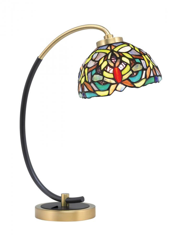 Desk Lamp, Matte Black & New Age Brass Finish, 7" Kaleidoscope Art Glass