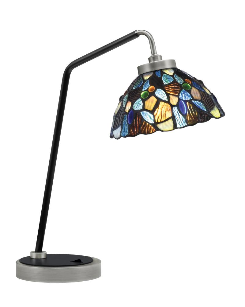 Desk Lamp, Graphite & Matte Black Finish, 7" Blue Mosaic Art Glass