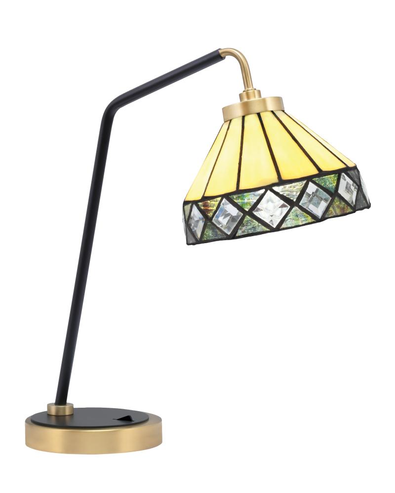 Desk Lamp, Matte Black & New Age Brass Finish, 7" Diamond Peak Art Glass
