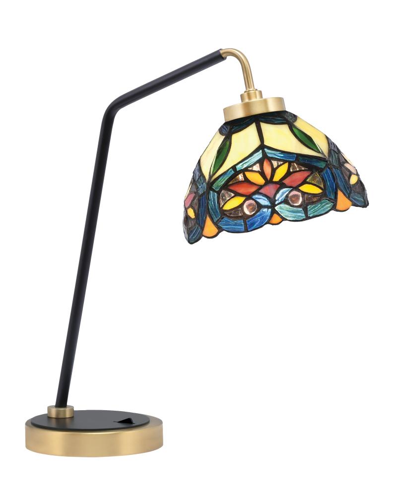 Desk Lamp, Matte Black & New Age Brass Finish, 7" Pavo Art Glass