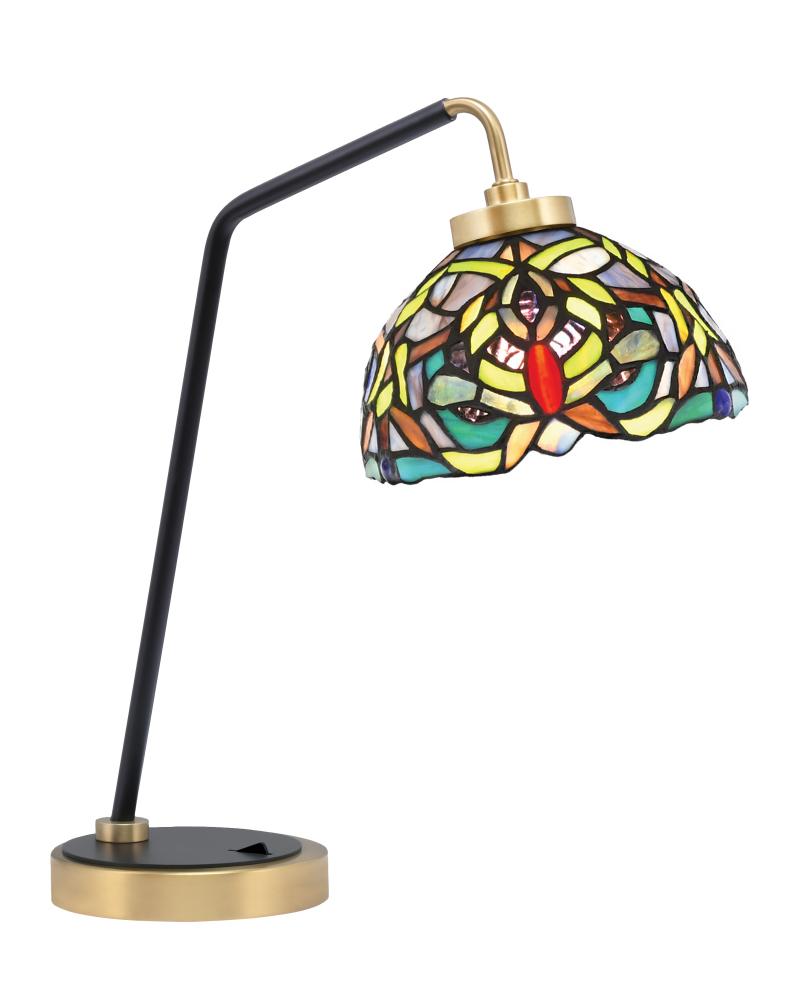 Desk Lamp, Matte Black & New Age Brass Finish, 7" Kaleidoscope Art Glass