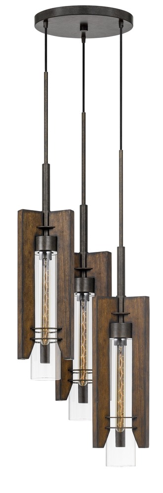60W X 3 Almeria Wood/Glass 3 Light Pendant Fixture (Edison Bulbs Not included)