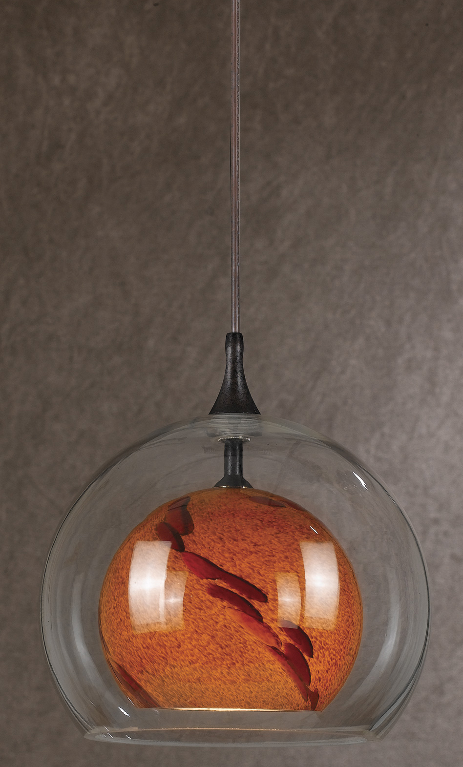 8.8" Tall Glass and Metal Pendant with Rust Cord