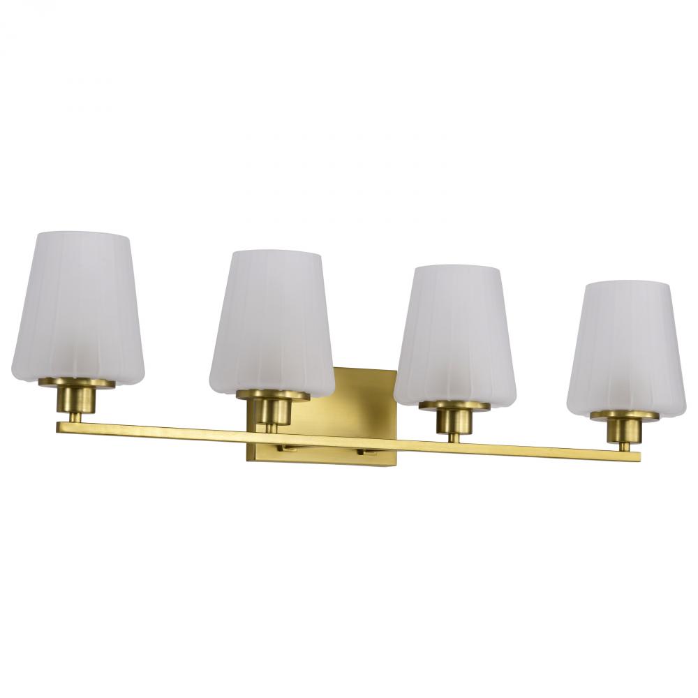 Lune; 4 Light Vanity; Vintage Brass Finish; Etched White Glass