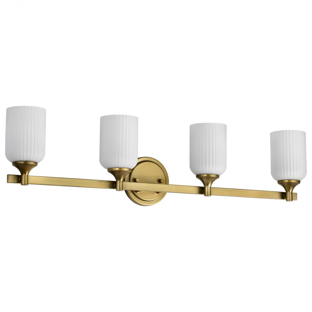 Solara; 4 Light Vanity; Natural Brass Finish; Frosted Ribbed Glass